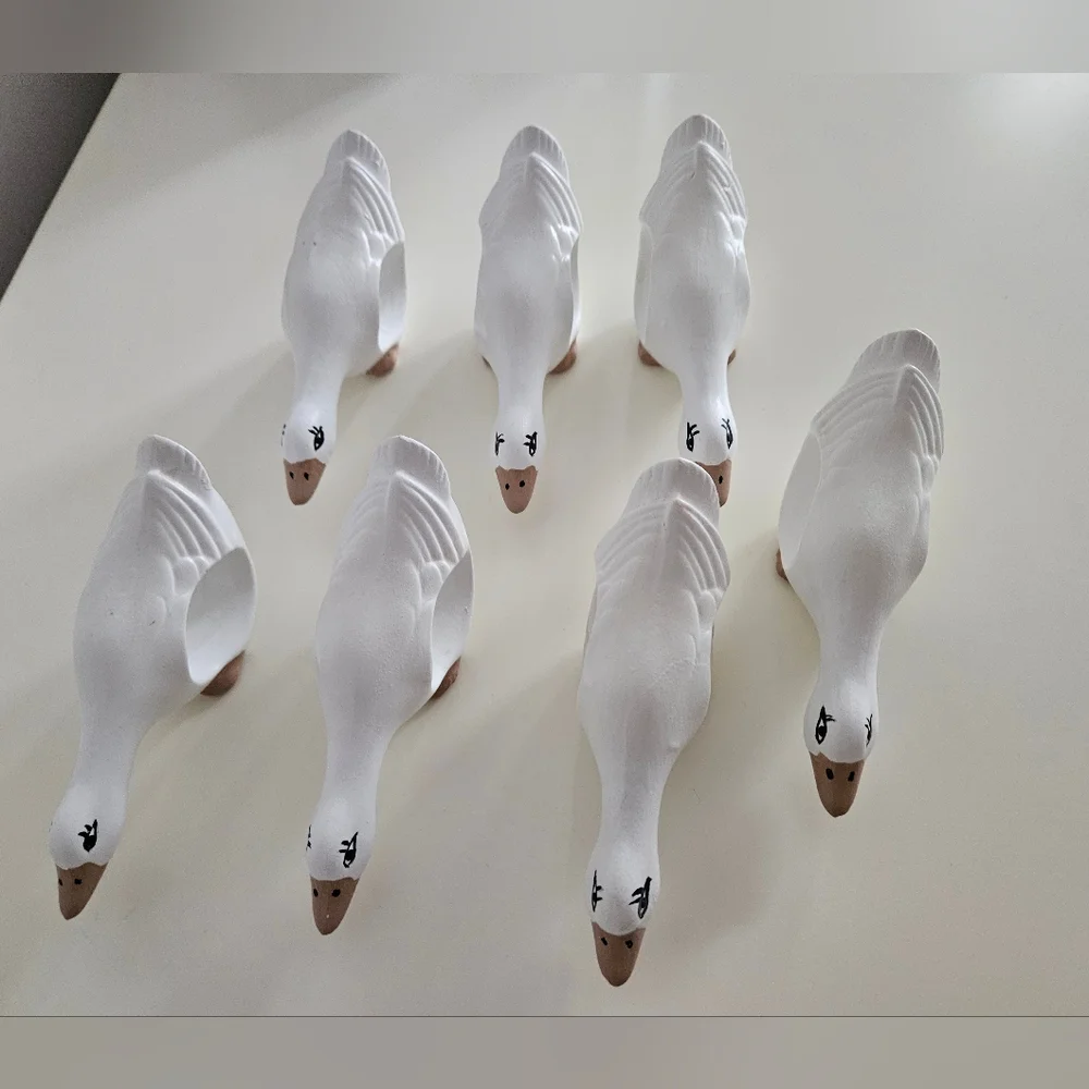 White Hand Painted Ceramic Goose Napkin Rings x 7